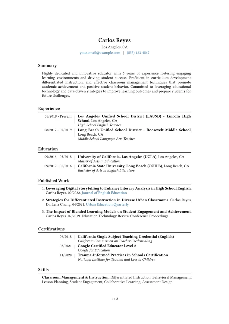 Teacher Resume Example CV template preview