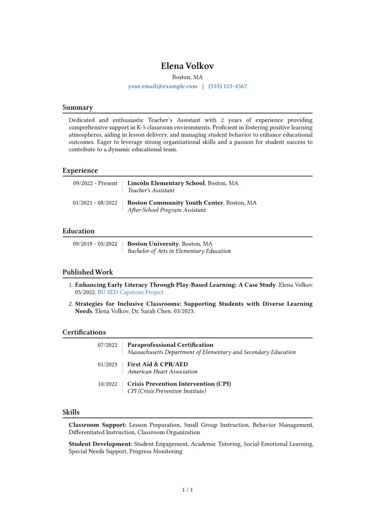 Teacher's Assistant Resume Example CV template preview