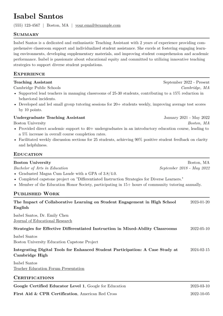 Teaching Assistant Resume Example CV template preview