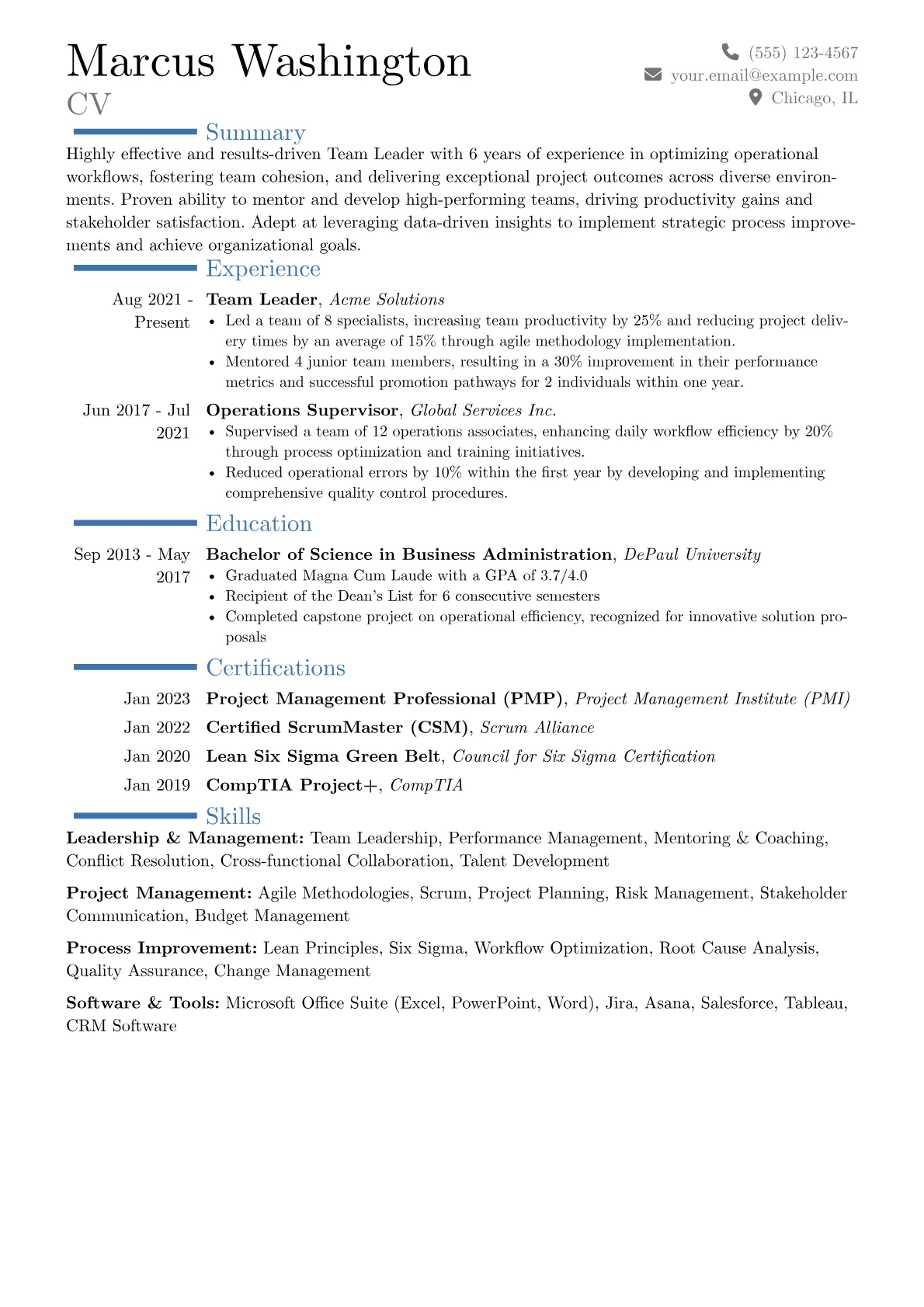 Team Leader Resume Example CV template - Page 1