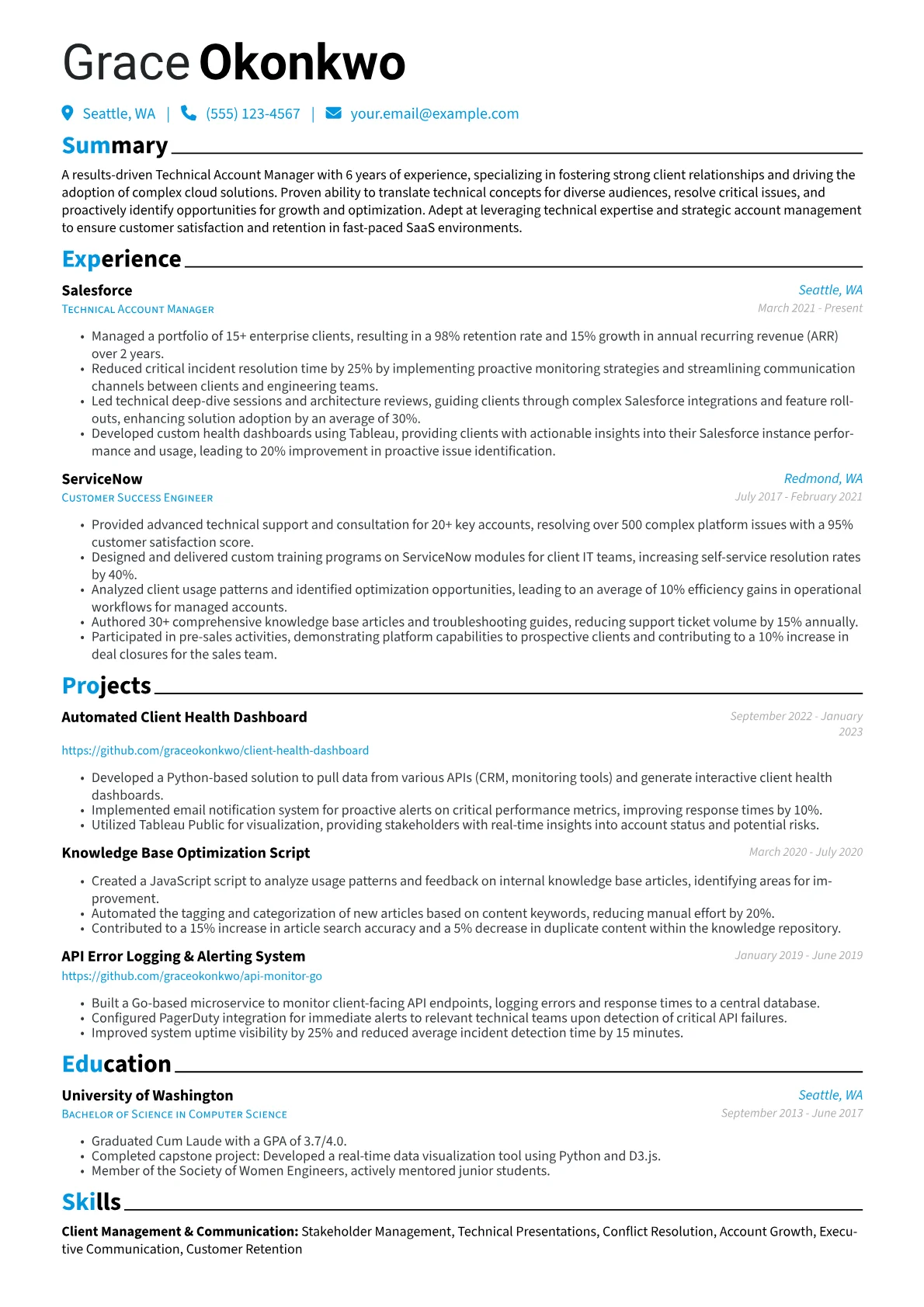 Technical Account Manager Resume Example CV template - Page 1