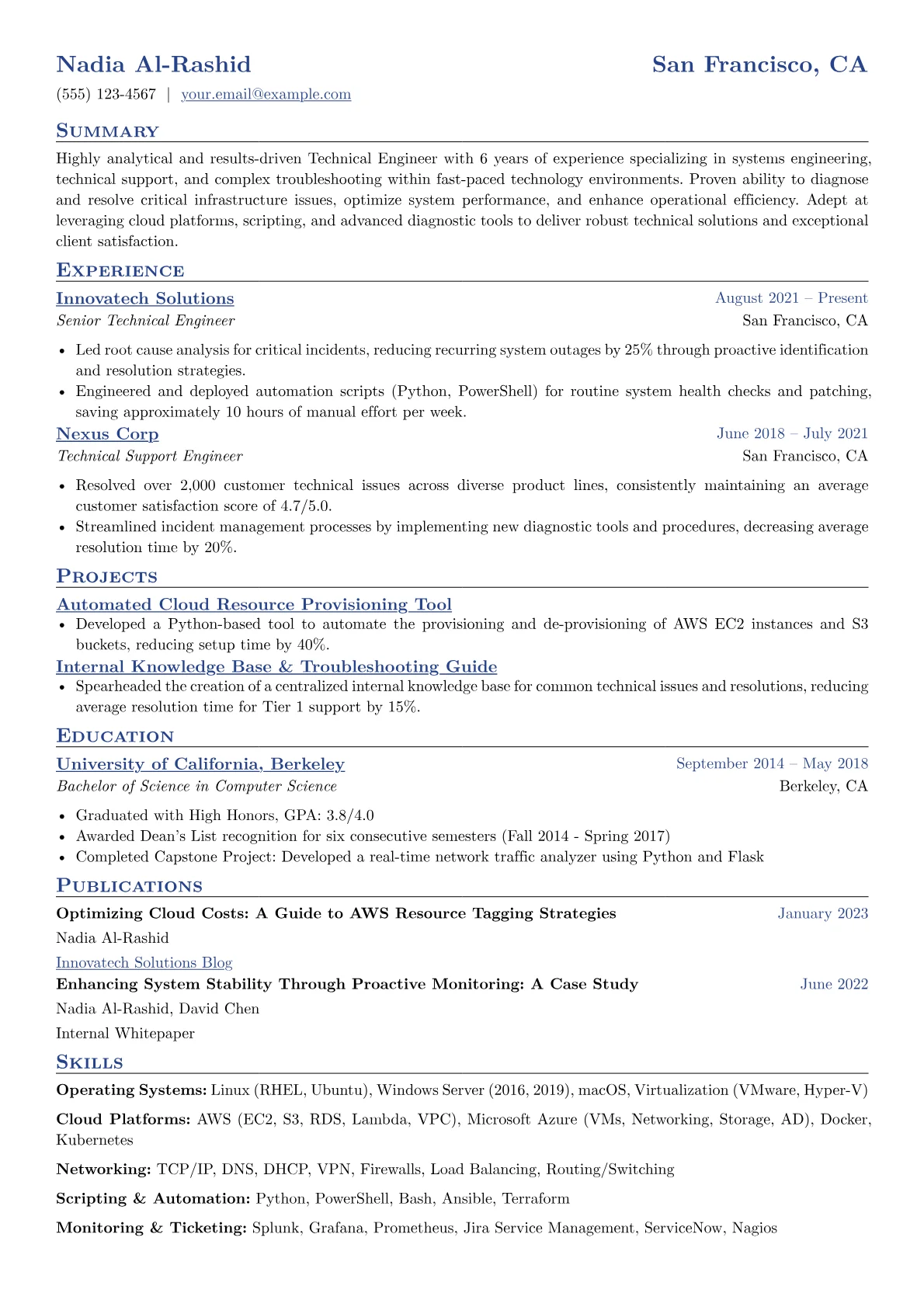 Technical Engineer Resume Example CV template - Page 1