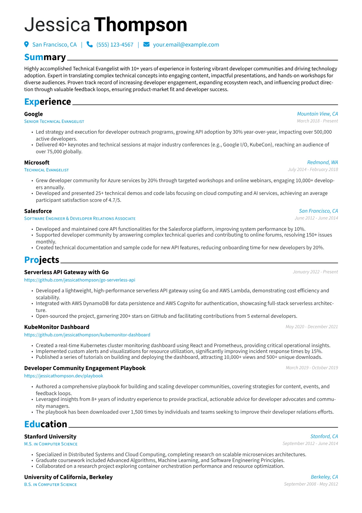 Technical Evangelist Resume Example CV template - Page 1