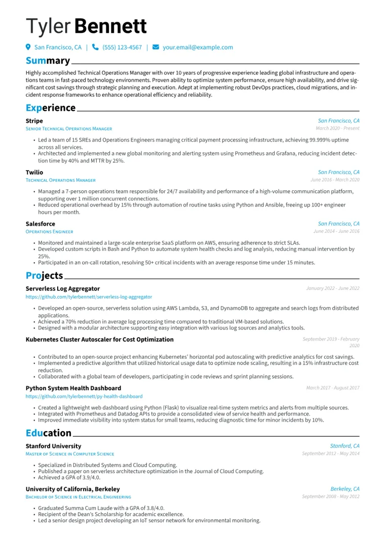 Technical Operations Manager Resume Example CV template preview