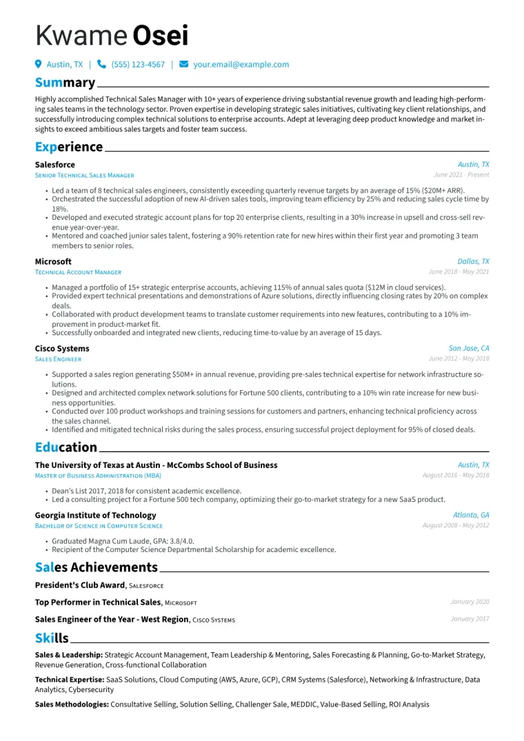 Technical Sales Manager Resume Example CV template preview