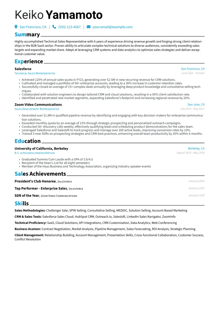 Technical Sales Representative Resume Example CV template preview
