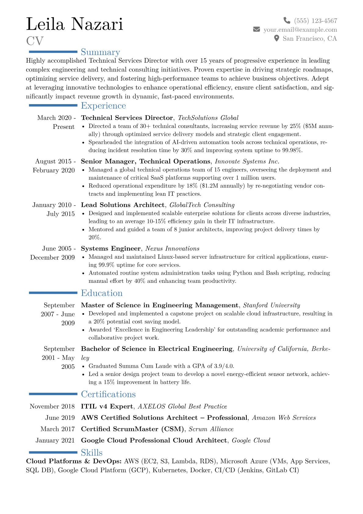 Technical Services Director Resume Example CV template - Page 1