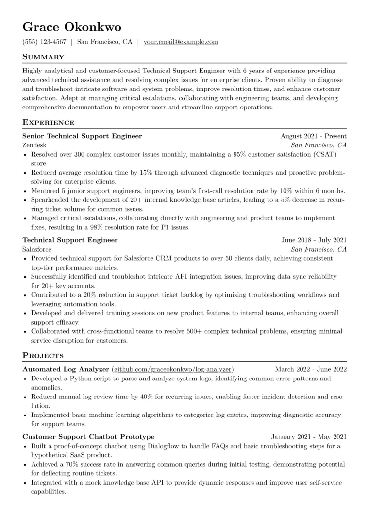 Technical Support Engineer Resume Example CV template preview