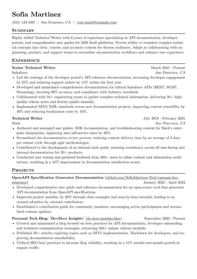 Technical Writer Resume Example CV template preview