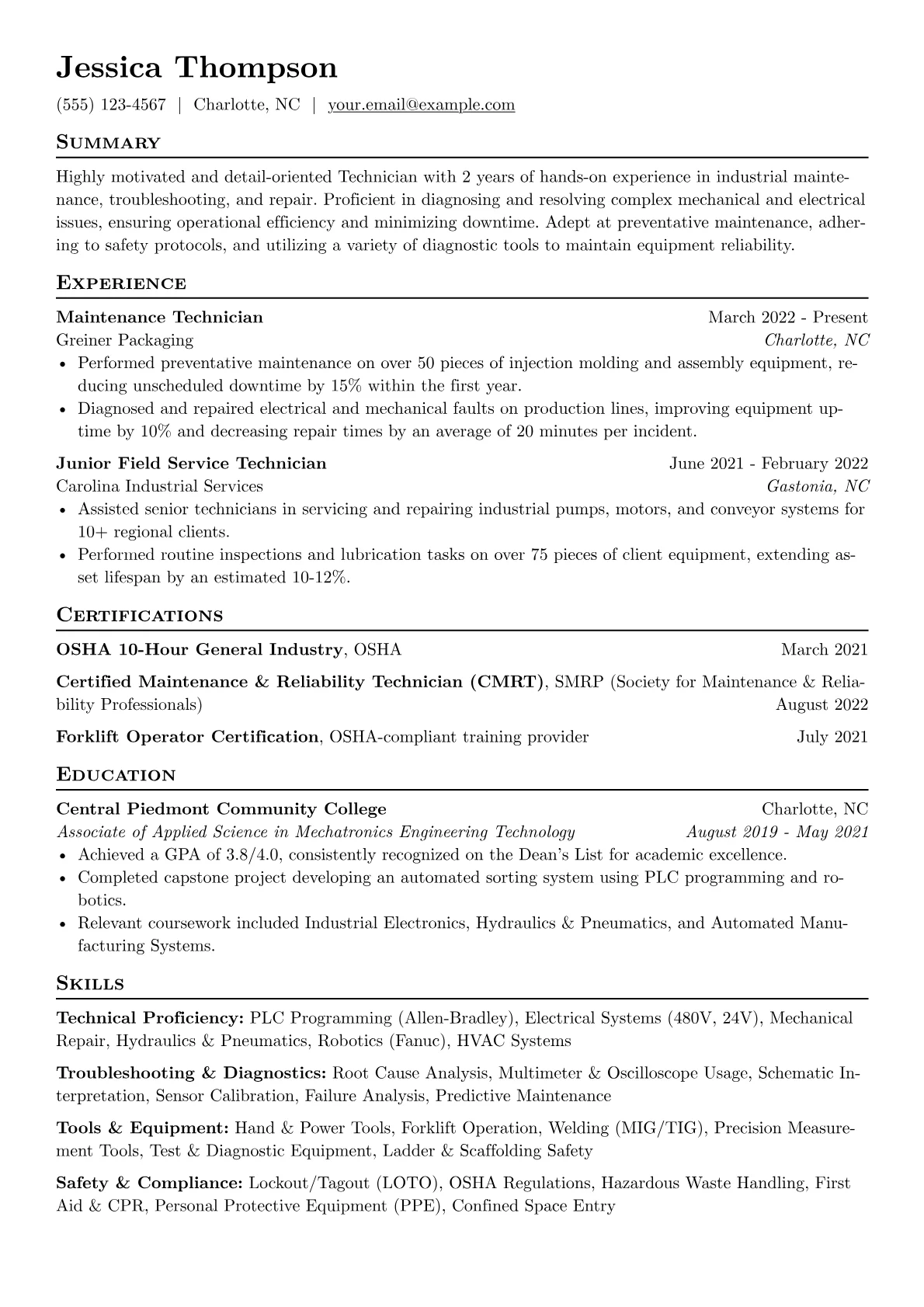 Technician Resume Example CV template - Page 1