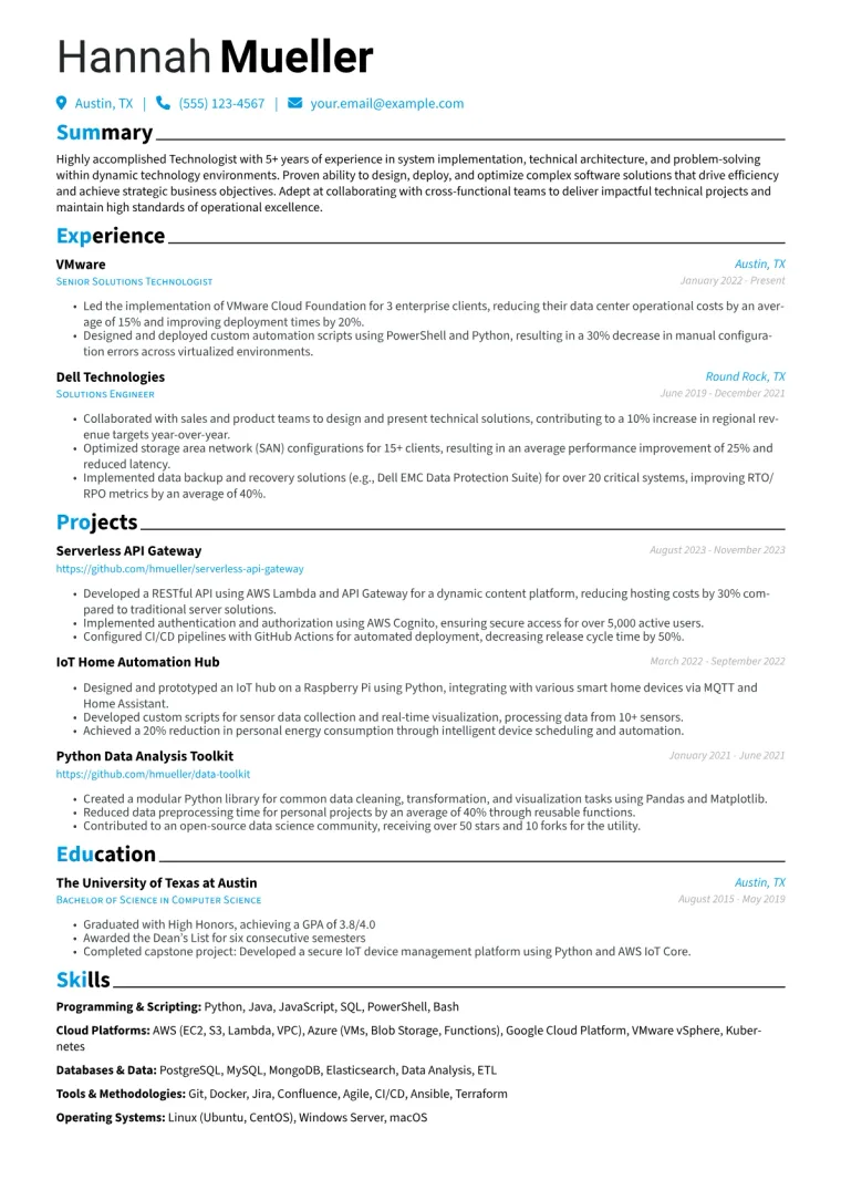 Technologist Resume Example CV template preview