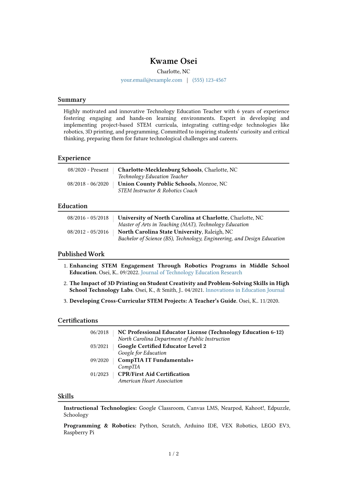 Technology Education Teacher Resume Example CV template - Page 1