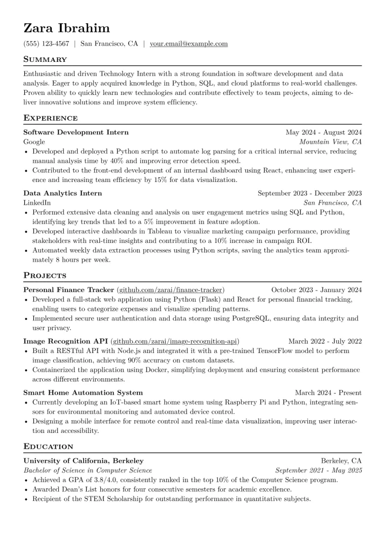 Technology Intern Resume Example CV template preview