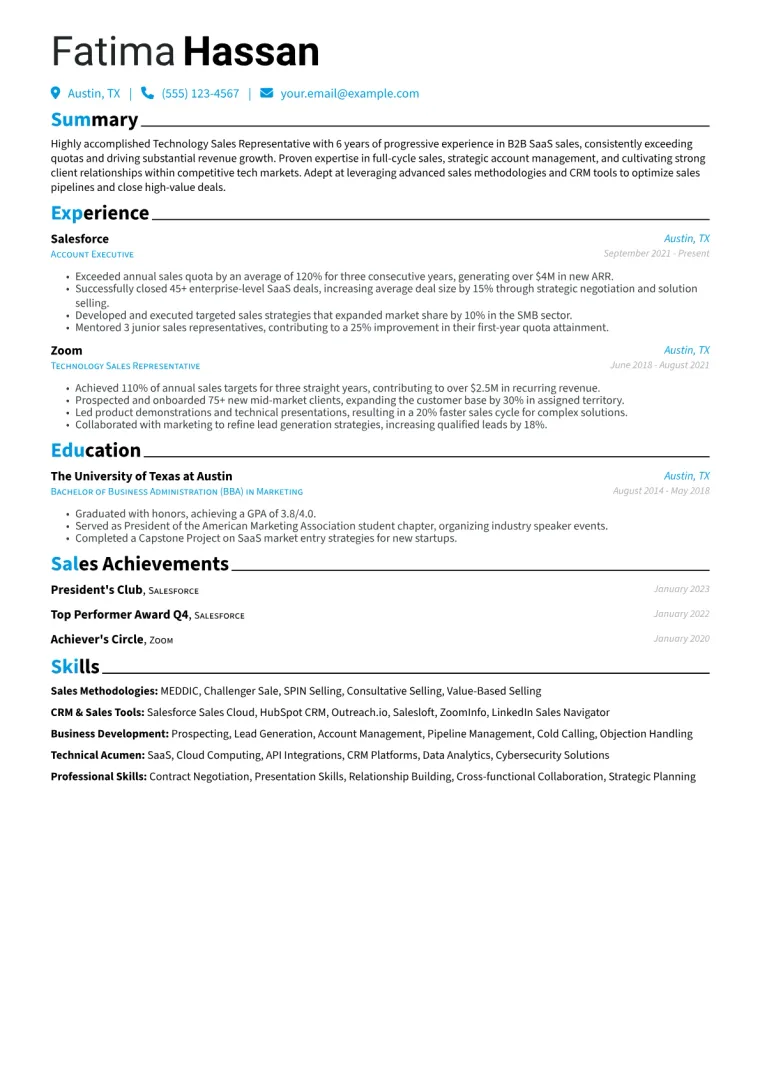 Technology Sales Representative Resume Example CV template preview