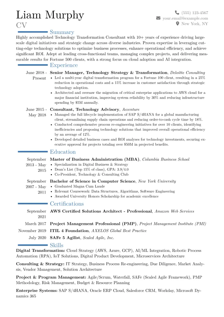 Technology Transformation Consultant Resume Example CV template preview