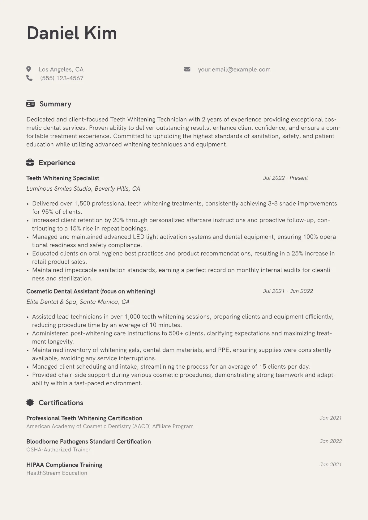 Teeth Whitening Technician Resume Example CV template - Page 1