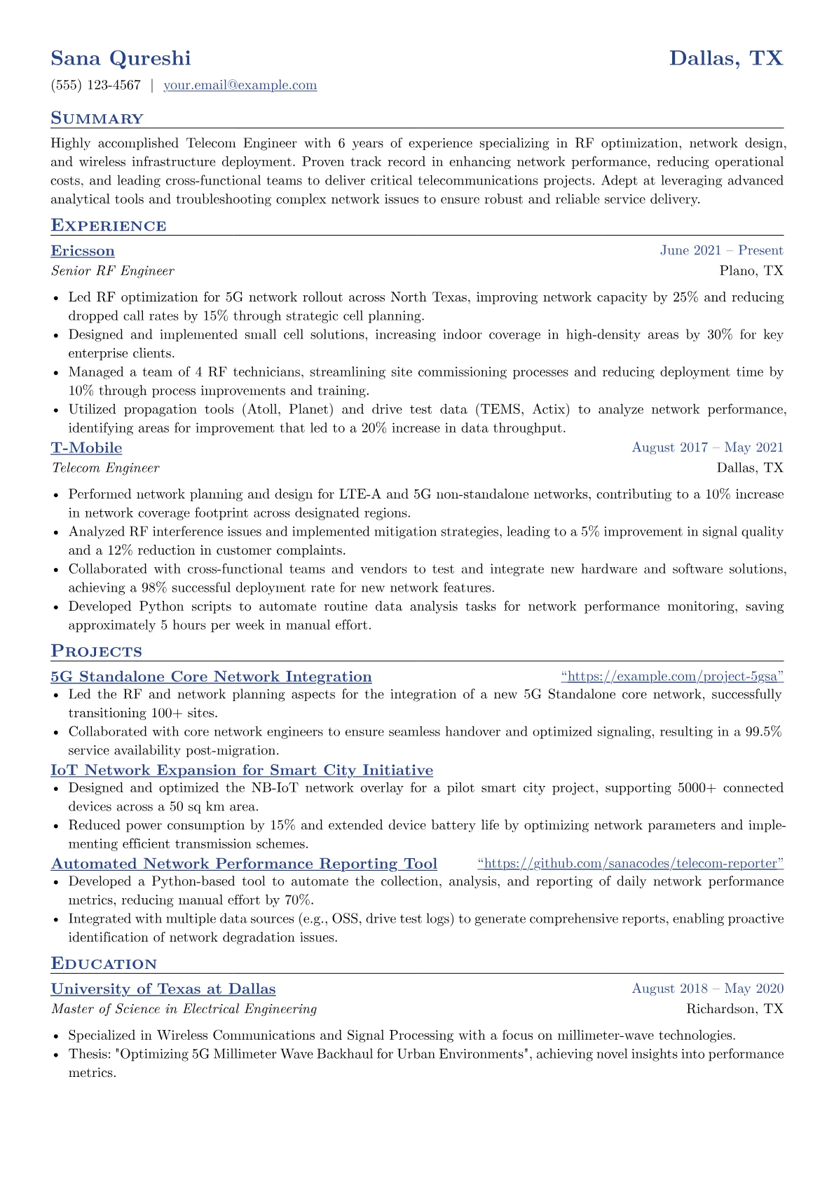 Telecom Engineer Resume Example CV template - Page 1