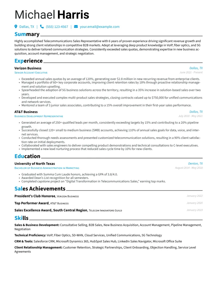 Telecommunications Sales Representative Resume Example CV template preview