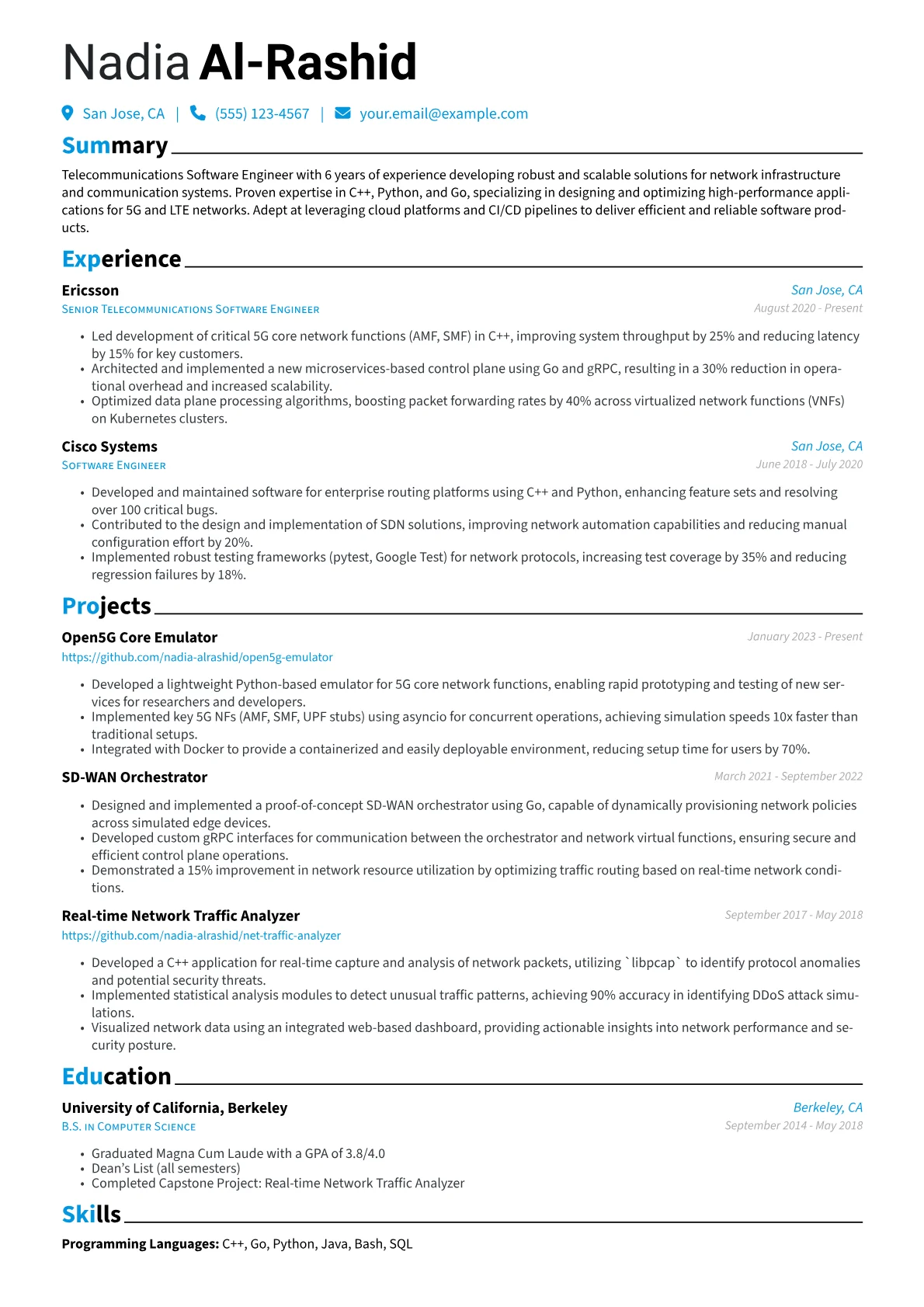 Telecommunications Software Engineer Resume Example CV template - Page 1