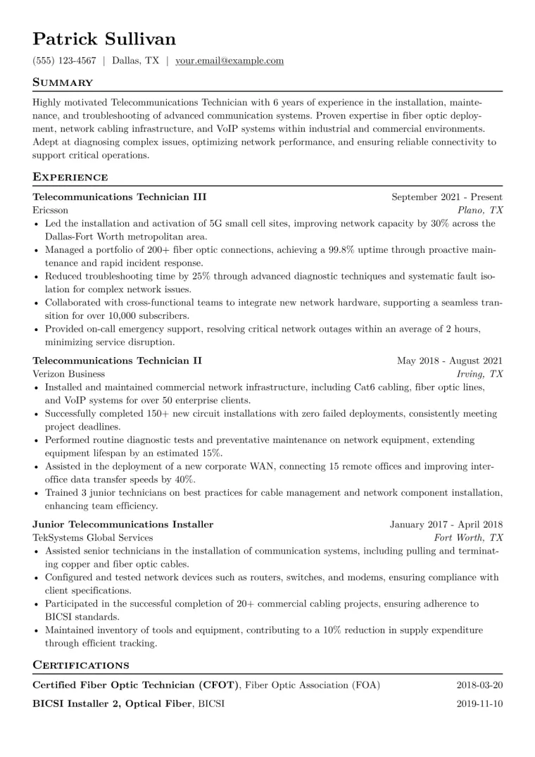 Telecommunications Technician Resume Example CV template preview