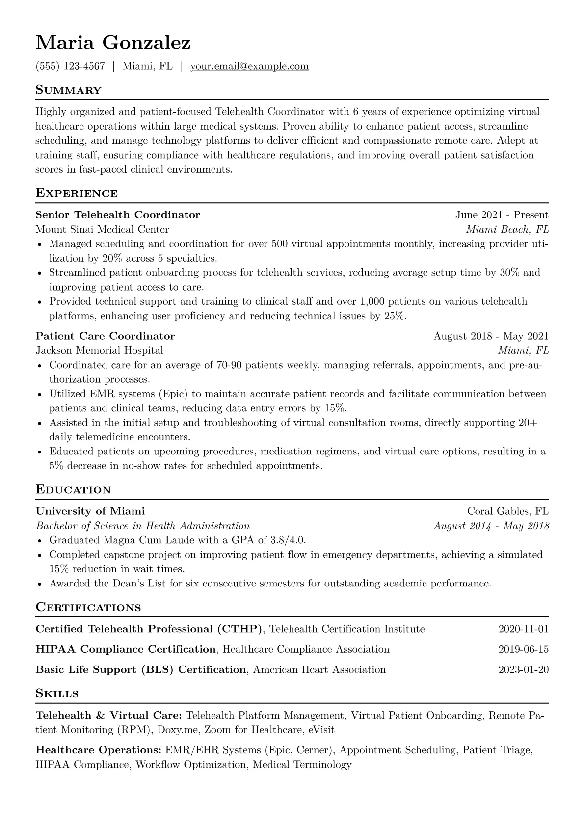 Telehealth Coordinator Resume Example CV template - Page 1