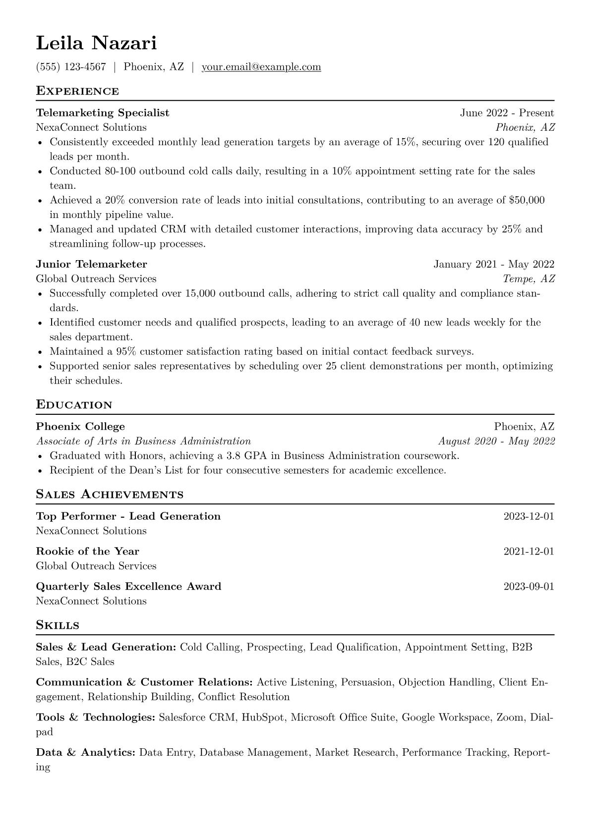 Telemarketer Resume Example CV template - Page 1
