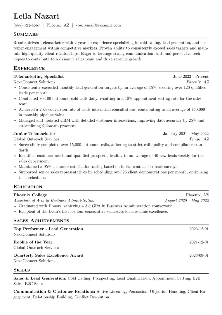 Telemarketer Resume Example CV template preview
