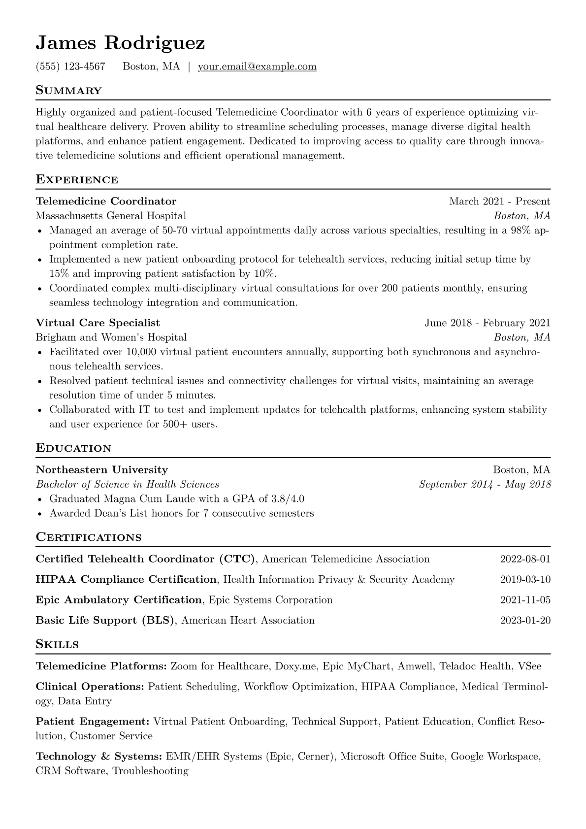 Telemedicine Coordinator Resume Example CV template - Page 1