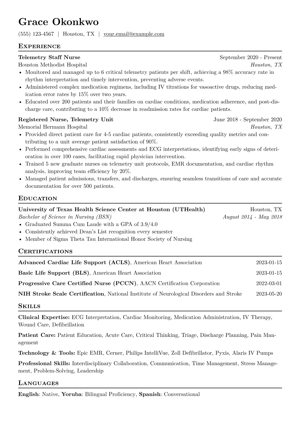 Telemetry Nurse Resume Example CV template - Page 1
