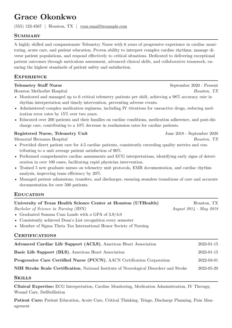 Telemetry Nurse Resume Example CV template preview
