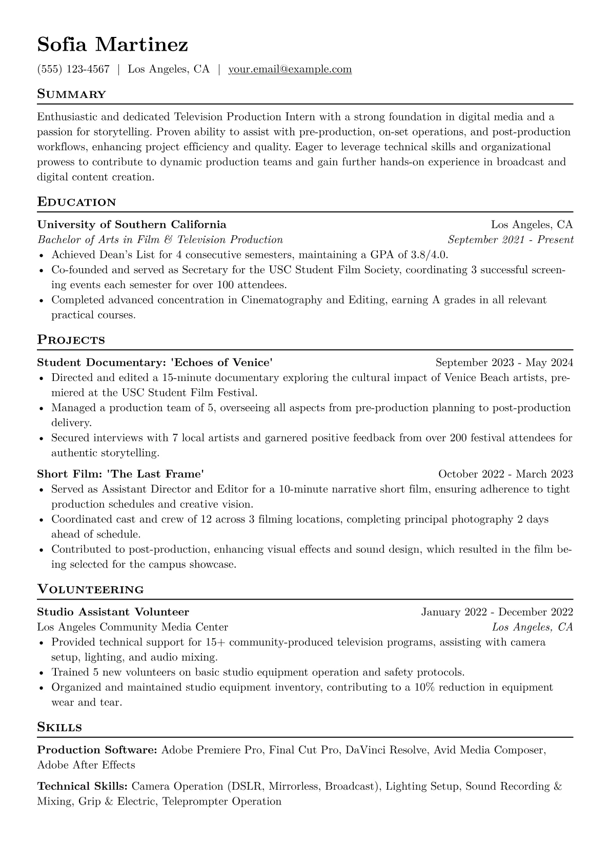 Television Production Intern Resume Example CV template - Page 1