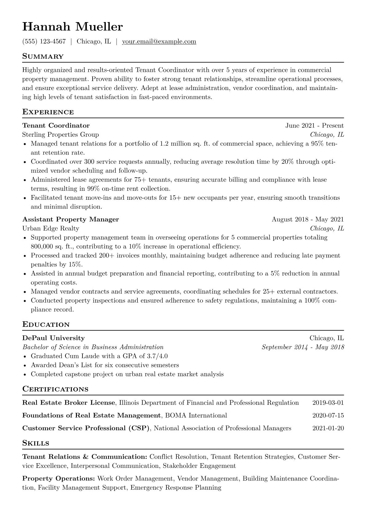 Tenant Coordinator Resume Example CV template - Page 1