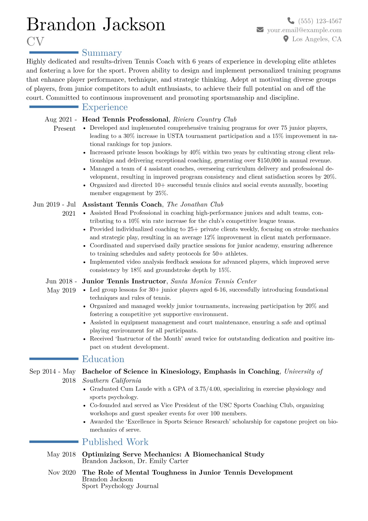 Tennis Coach Resume Example CV template - Page 1