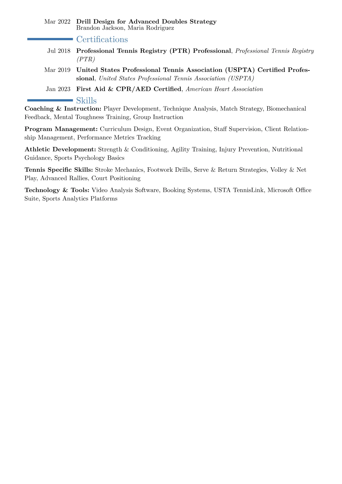 Tennis Coach Resume Example CV template - Page 2