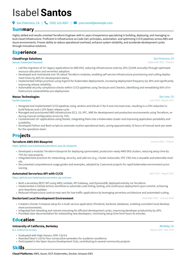 Terraform Engineer Resume Example CV template preview
