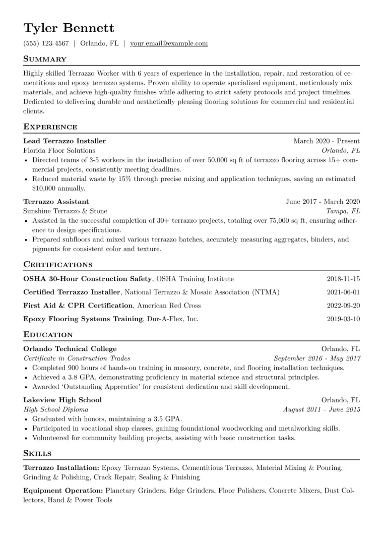 Terrazzo Worker Resume Example CV template preview