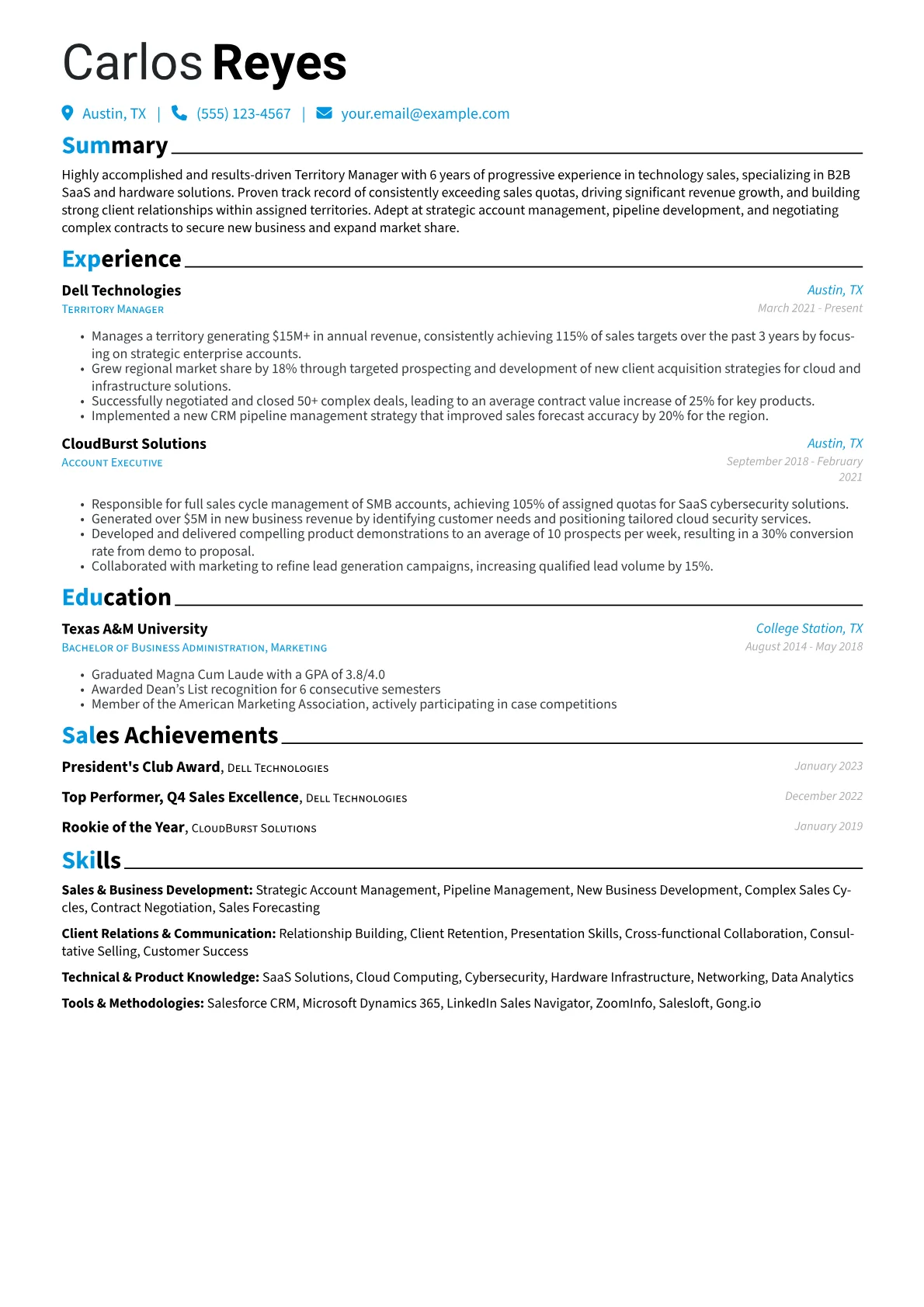 Territory Manager Resume Example CV template - Page 1