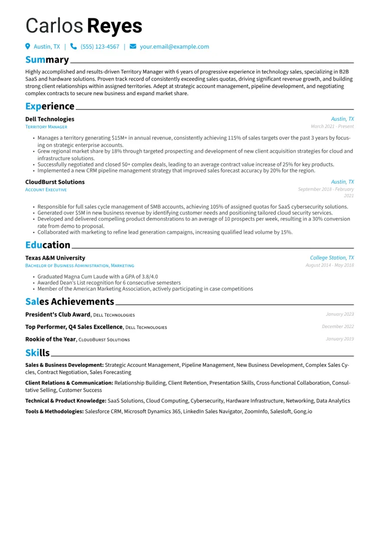Territory Manager Resume Example CV template preview