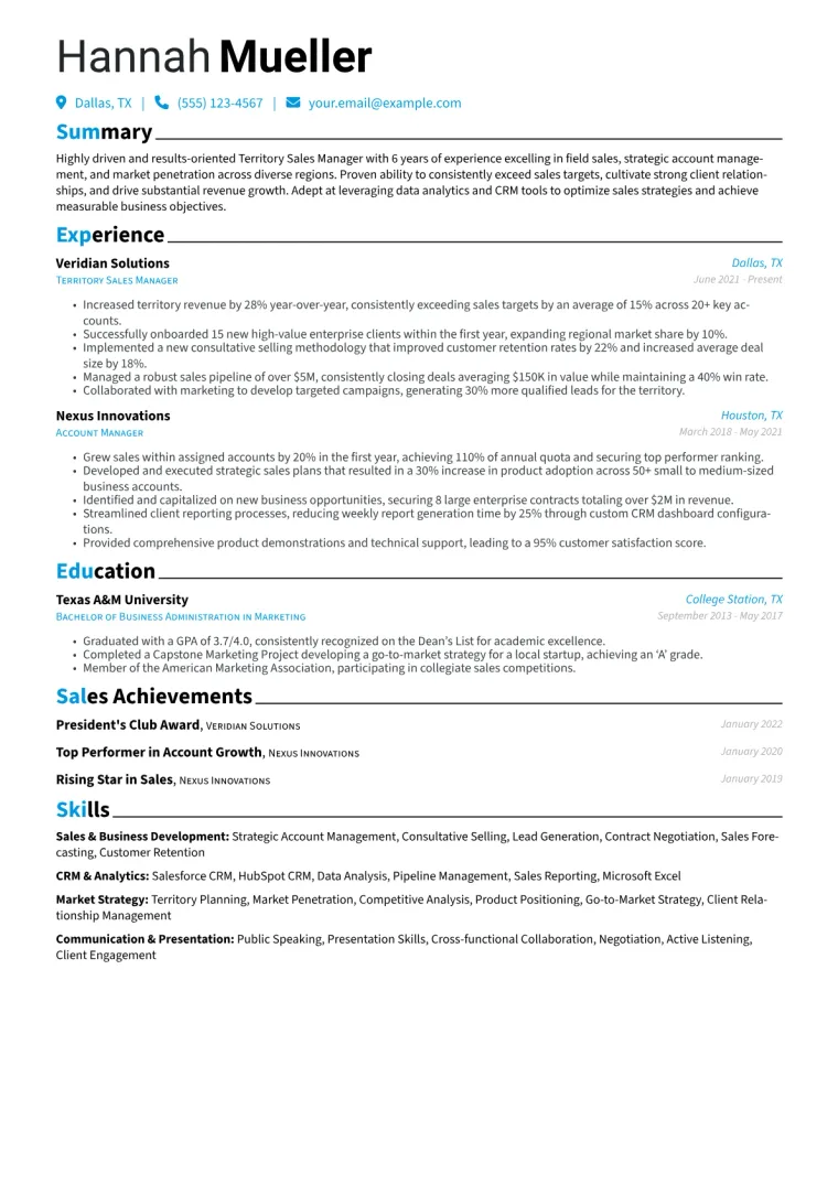 Territory Sales Manager Resume Example CV template preview