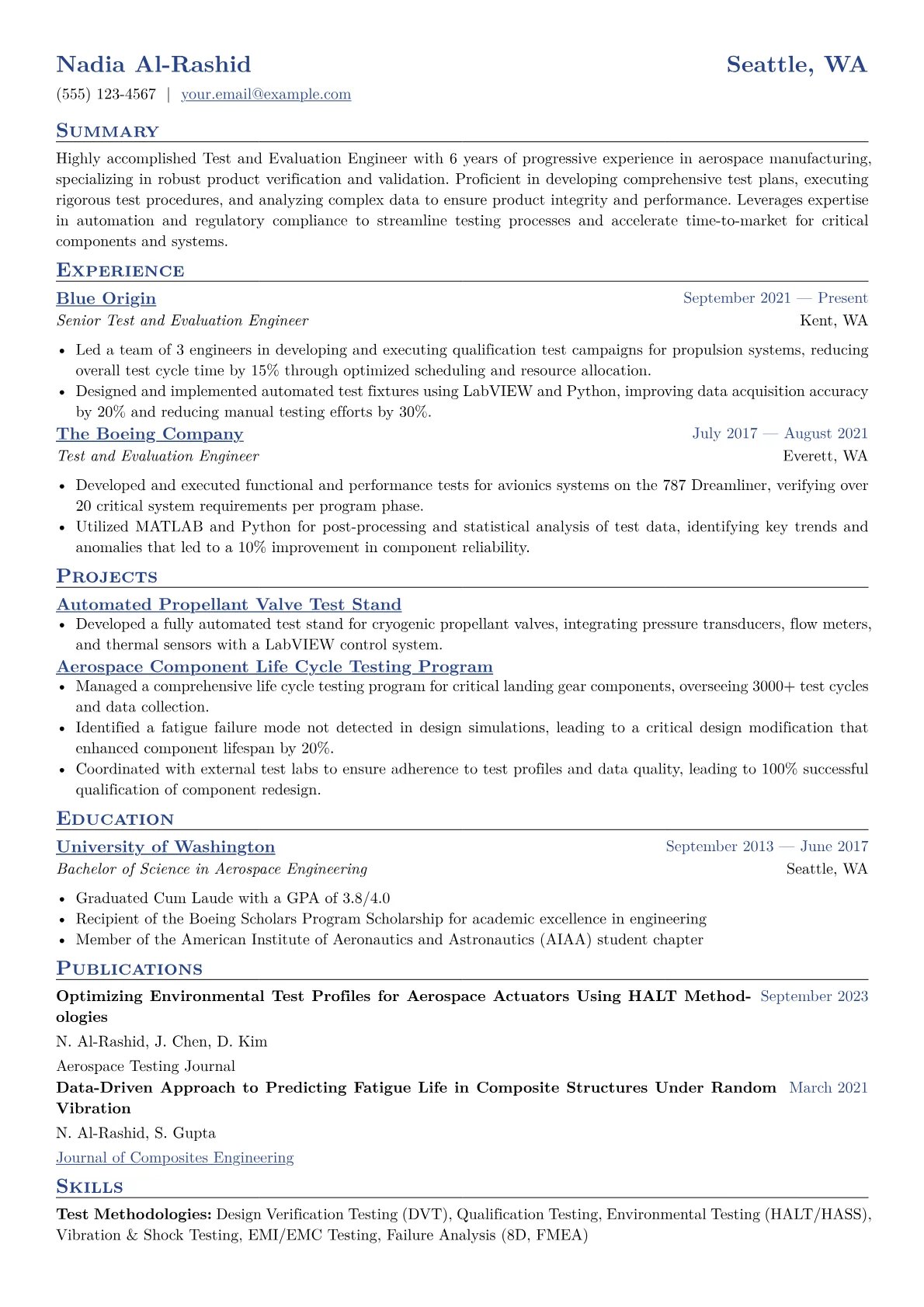 Test and Evaluation Engineer Resume Example CV template - Page 1