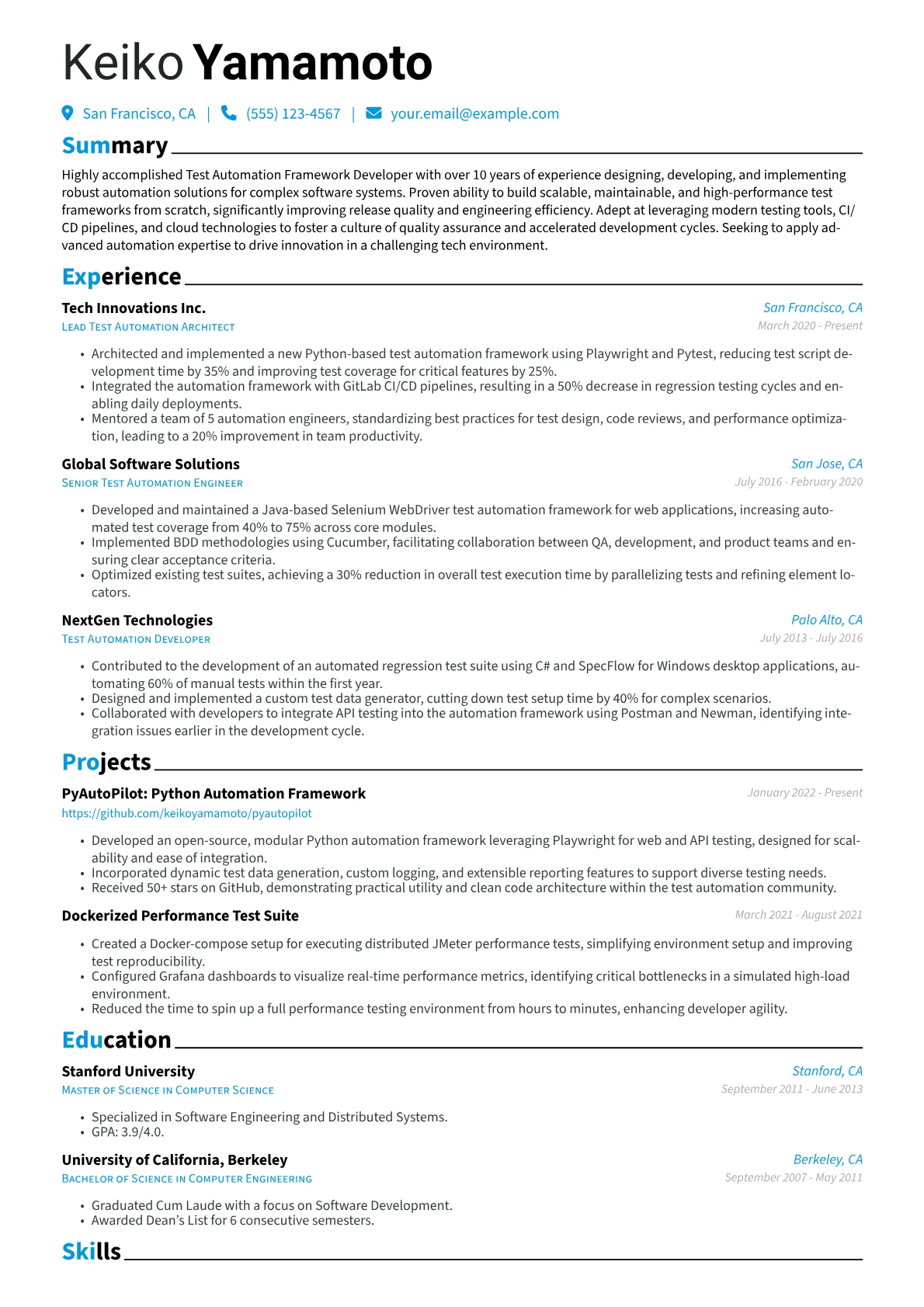 Test Automation Framework Developer Resume Example CV template - Page 1