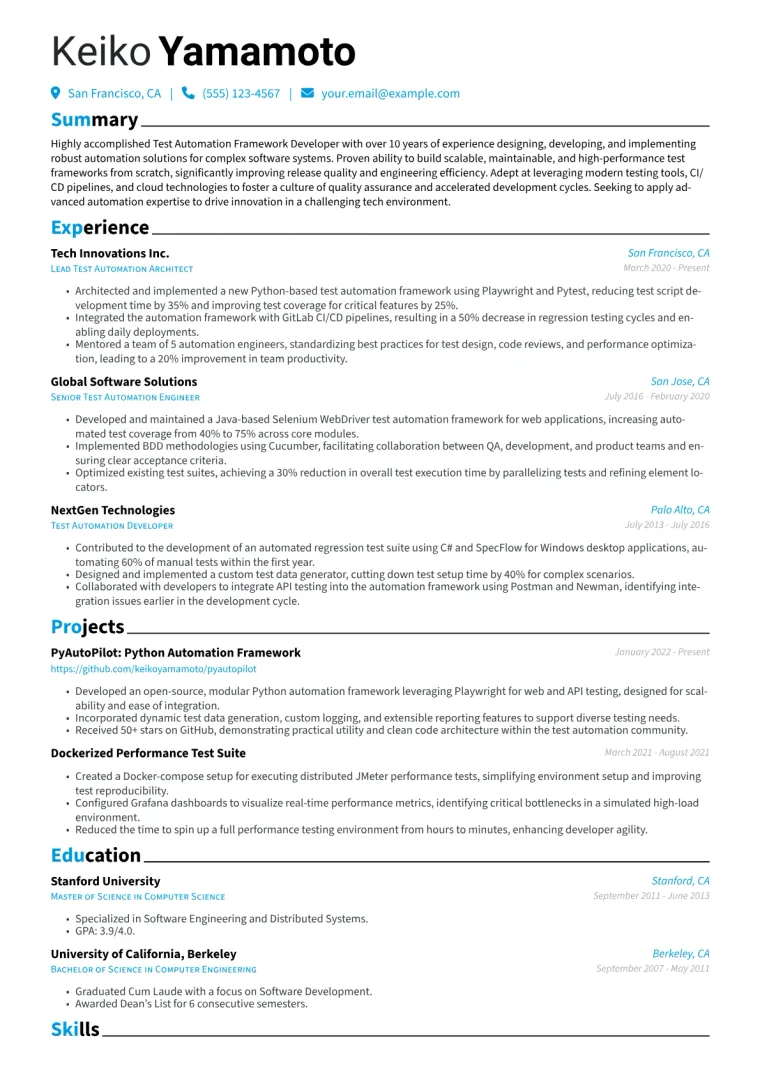 Test Automation Framework Developer Resume Example CV template preview