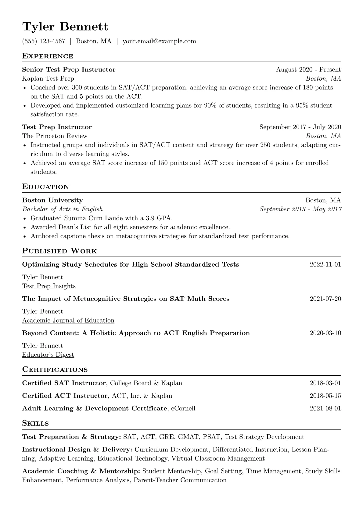 Test Prep Instructor Resume Example CV template - Page 1