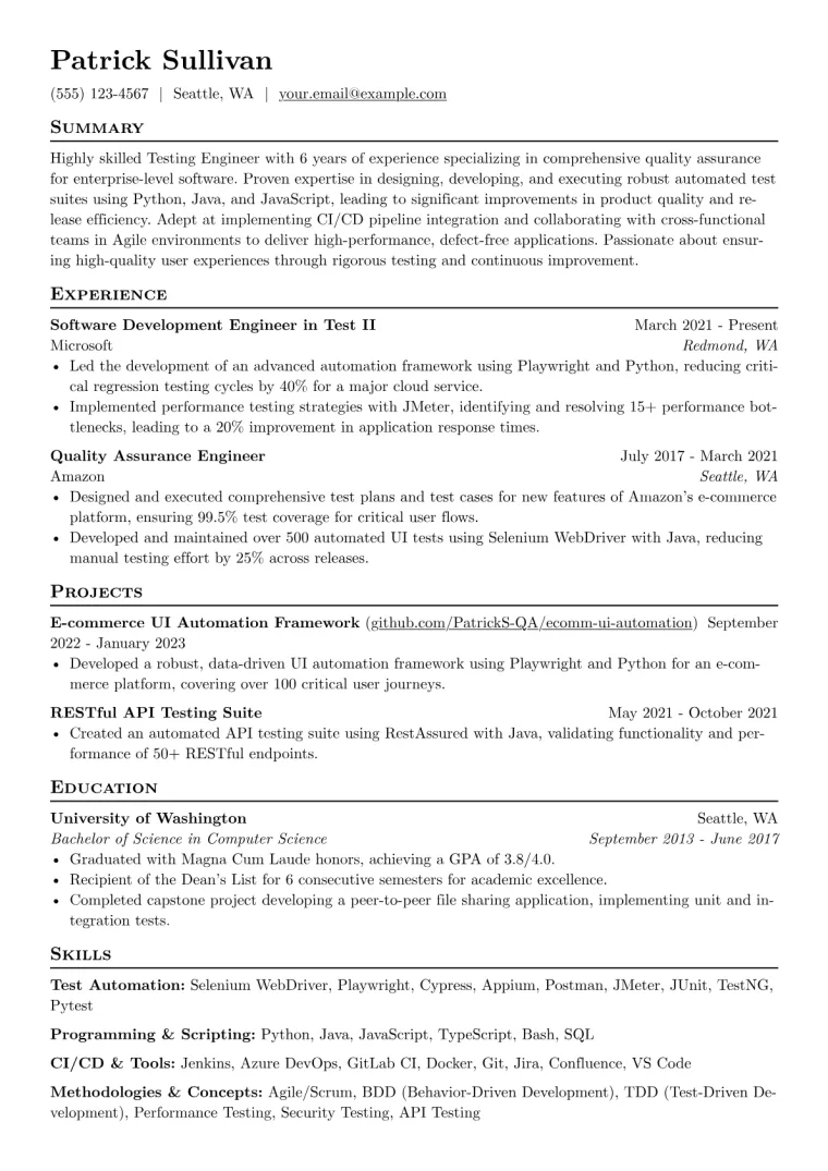 Testing Engineer Resume Example CV template preview
