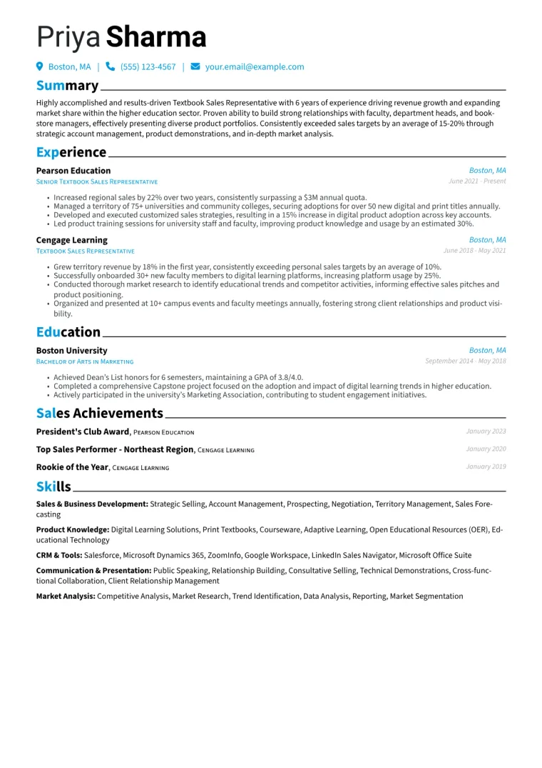 Textbook Sales Representative Resume Example CV template preview