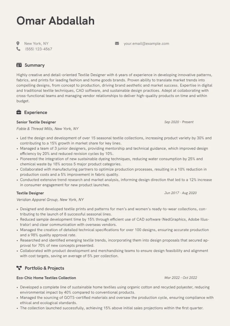 Textile Designer Resume Example CV template preview