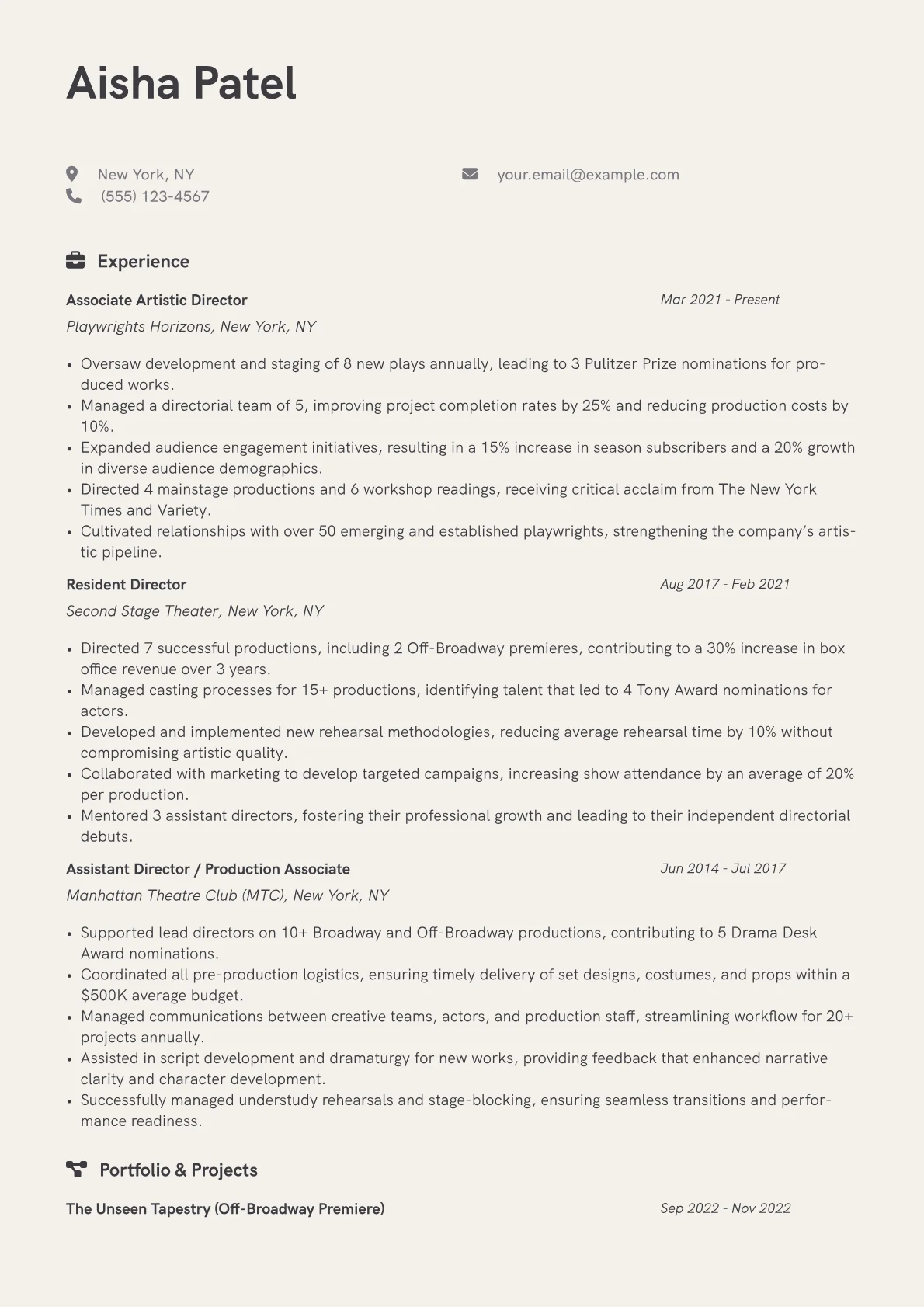 Theater Director Resume Example CV template - Page 1