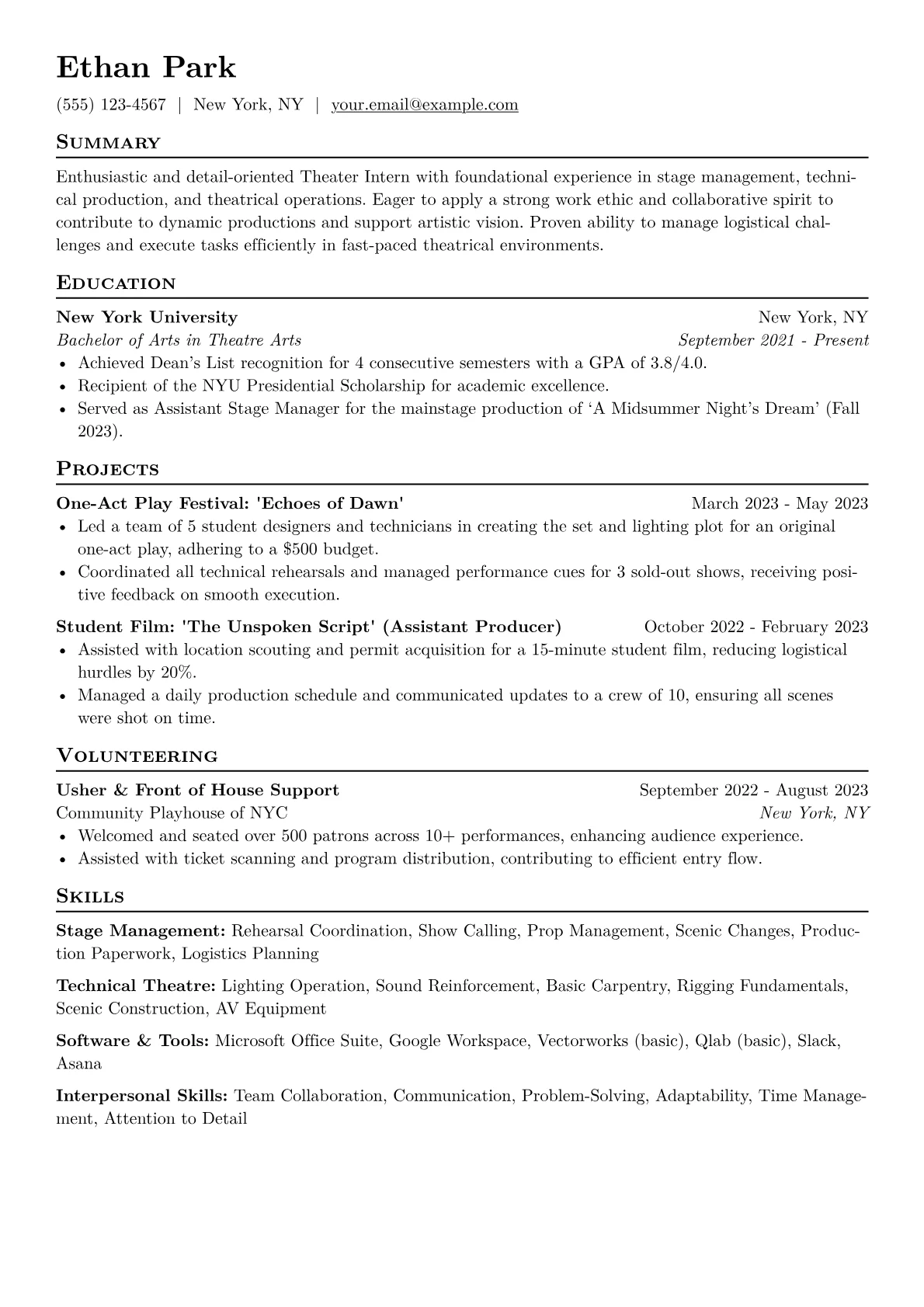 Theater Intern Resume Example CV template - Page 1