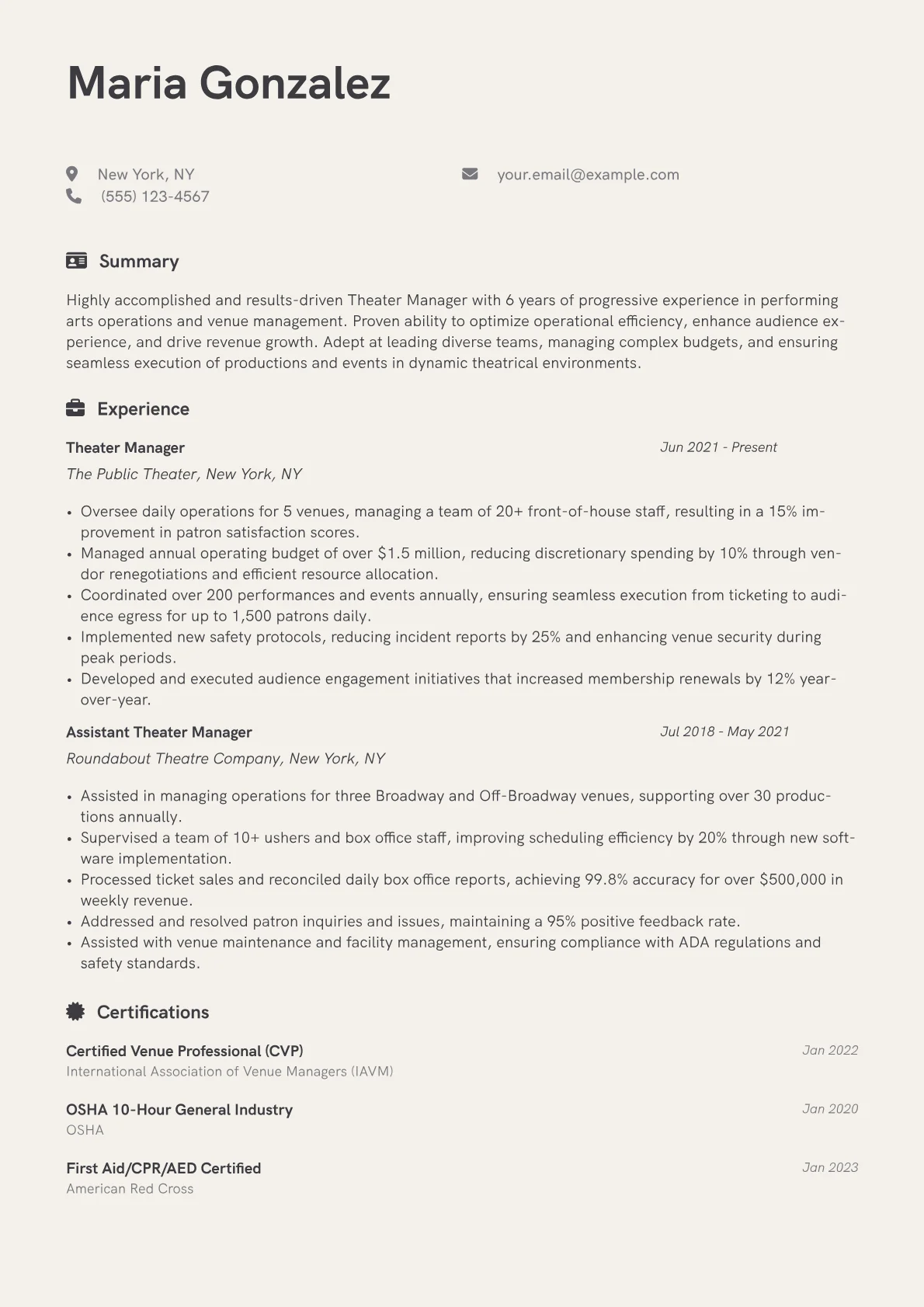 Theater Manager Resume Example CV template - Page 1