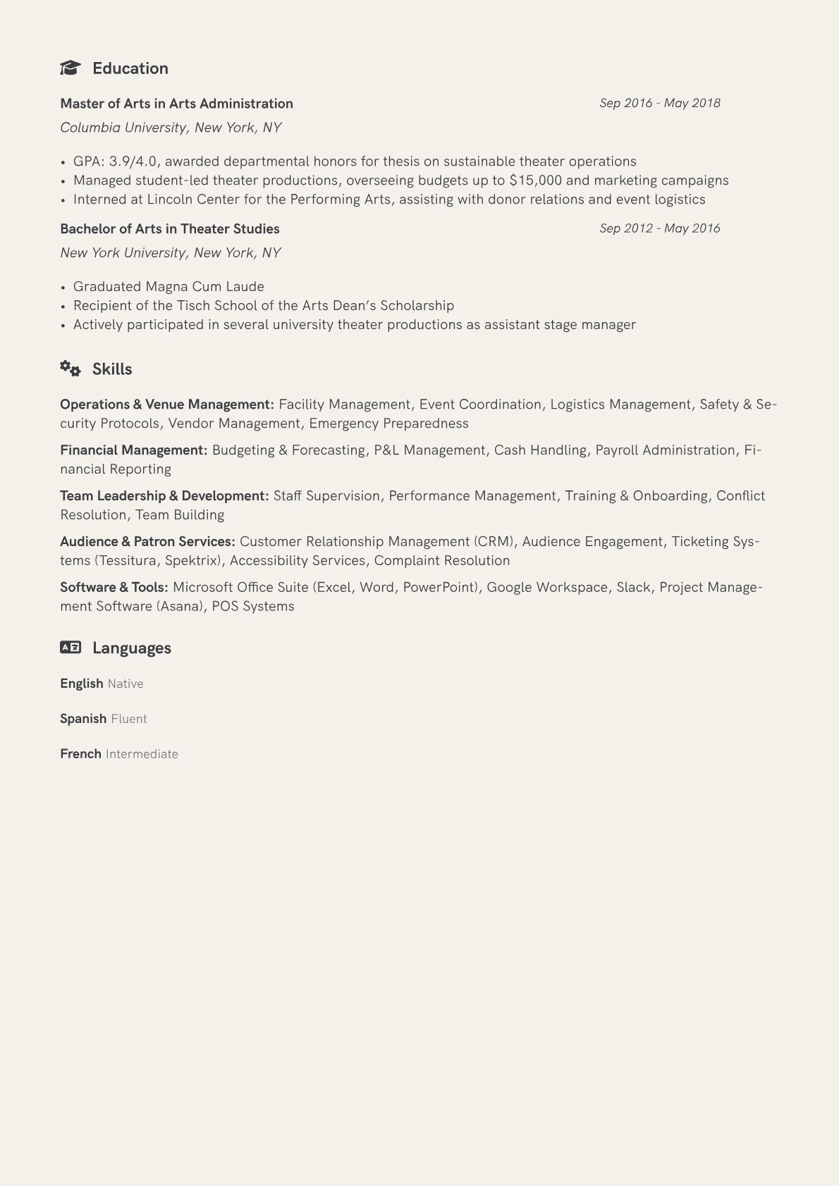 Theater Manager Resume Example CV template - Page 2